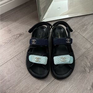 CHANEL Black, Navy, and Light Blue Sandals